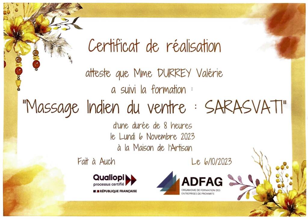 Diplome Valerie - massage indien