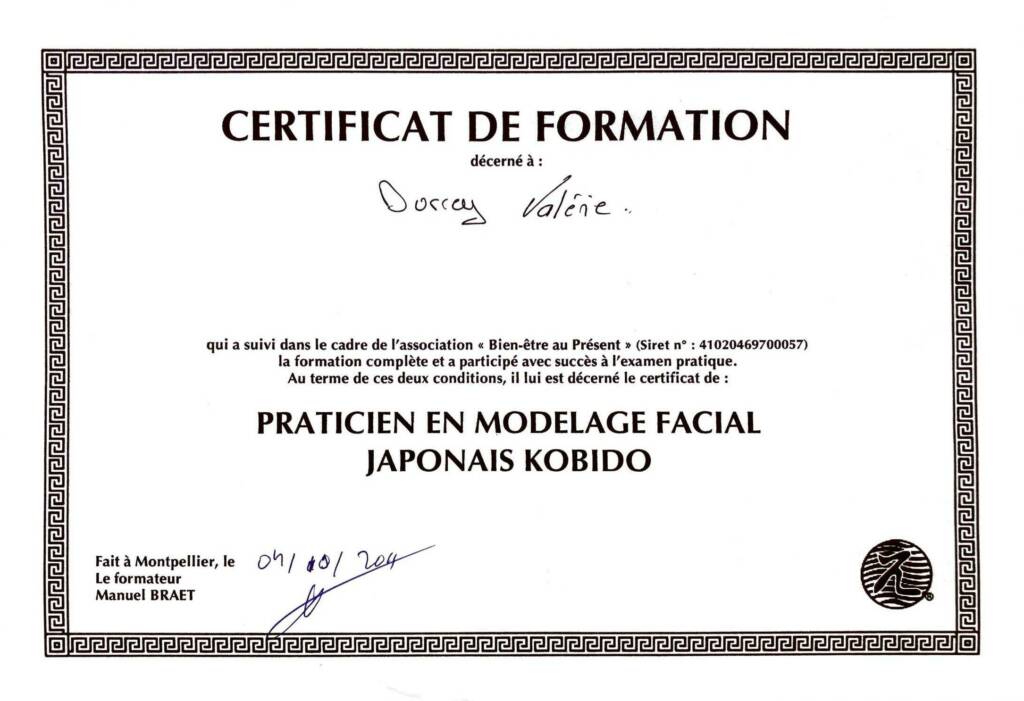 Diplome Valerie - massage kobido