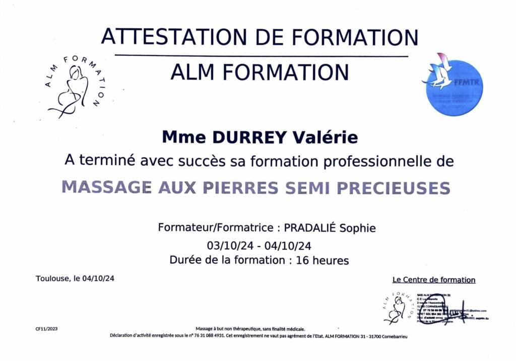 Diplome Valerie - massage pierres semi-precieuses